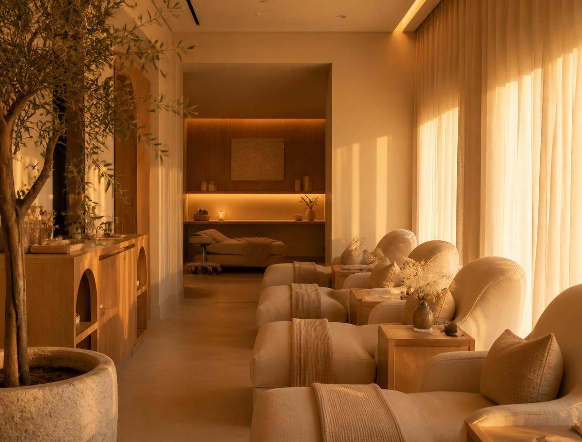 A calm, softly lit clinic waiting room at dawn